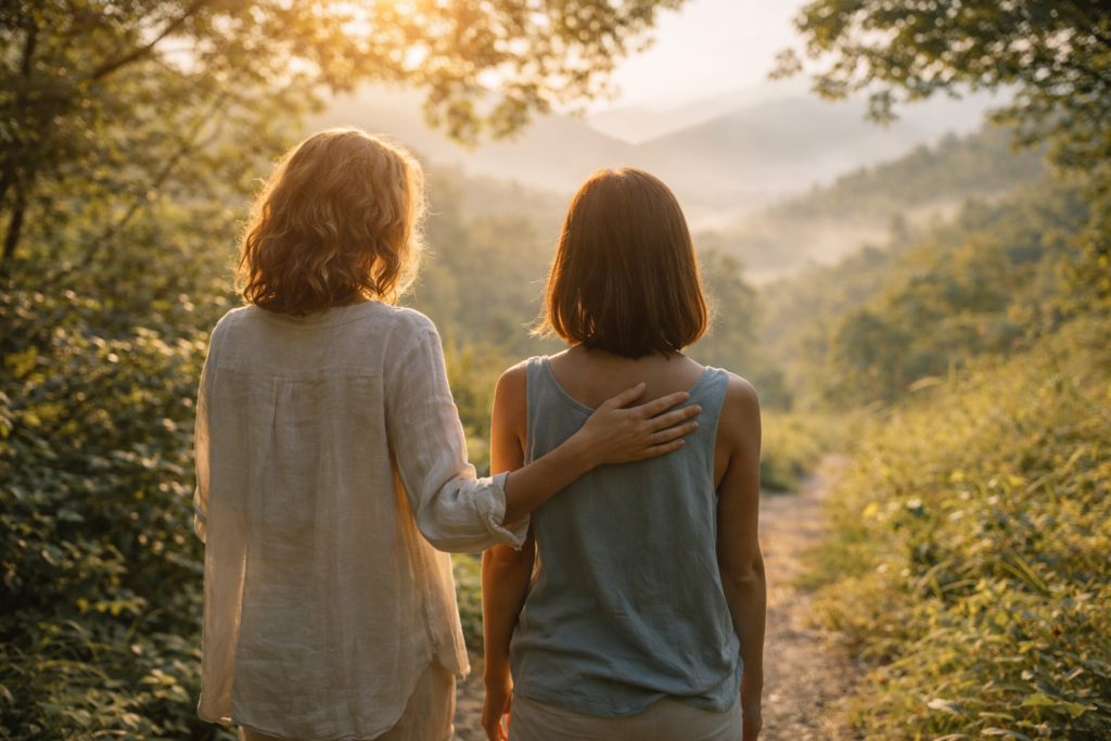 2 personnes qui marchent de dos, retraite immersive et thérapeutique à La Rochelle
